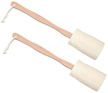 BAZEITFLOW Spazzola la Schiena Manico in Luffa Naturale, 2 Pezzi, Esfoliante, Comoda da Impugnare, la Doccia la Pulizia del Corpo