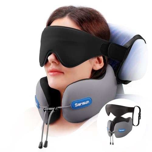 SARISUN Travel Pillow, Neck Pillow for Travel, Travel Pillows with Strap Combo with 3D Eye Mask for Sleep, Real Neck Support Memory Foam Neck Pillow for Airplane Flights/Car Road Trip Grey