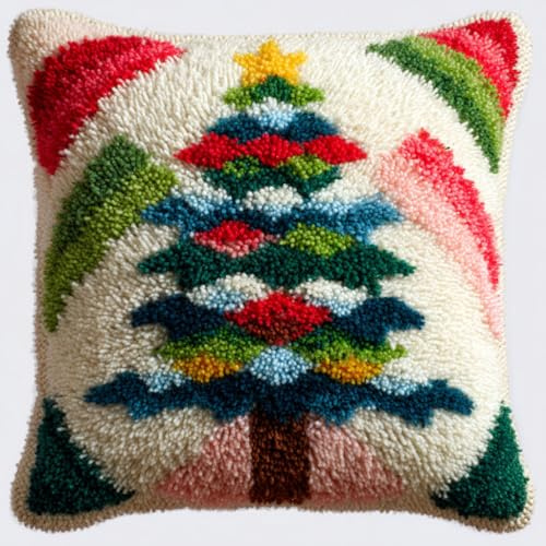AMBATTERY DIY Knüpfen Set Anfänger, Weihnachtsbaum Knüpfkissen Wurfkissenbezug,Knüpfen Kissen Set,Sofakissenbezug Mit Bedruckter Leinwand Für Erwachsene,43x43cm