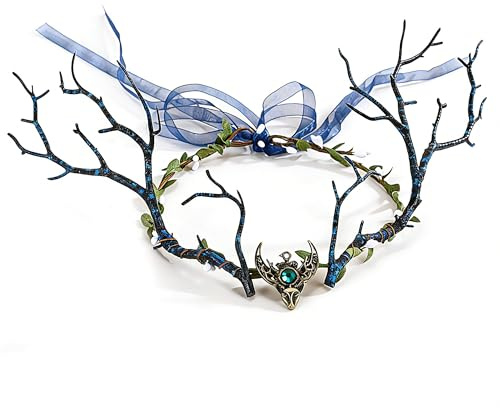 ZAHD Diadème de fée avec bois de cerf en bronze Couronne elfique Coiffe Bandeau Feuille de fée Coiffe de fleurs couronne florale féerique serre tête d'elfe des bois pour Cosplay Carnaval Fête (Noir)