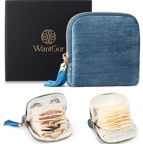 WantGor Reise Schmuck Organizer Fall für Frauen, Schmuck Box 6-Layer Beutel Taschen kleine Samt Schmuck Aufbewahrung Tasche Halskette Halter, Ring Box, Ohrringe Organizer (Ozeanblau)