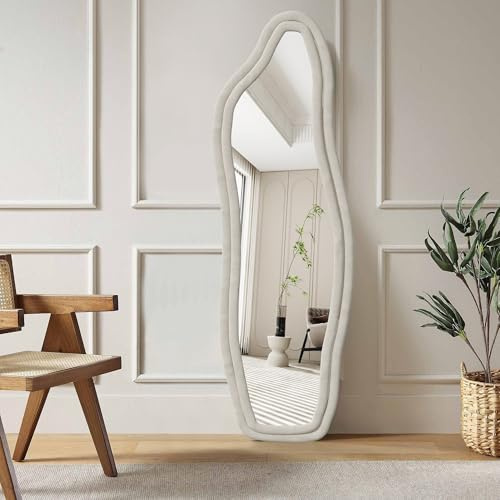 BursDany Miroir sur Pied Irrégulier 160x50 cm - Grand Miroir Mural avec Revêtement en Velours Multi-Fonction (Suspendu/Posé/Appuyé), pour Dressing, Chambre, Entrée ou Salon, Blanc