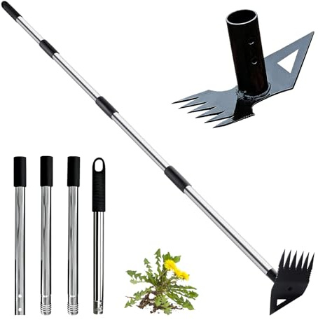 Long Handle Weeding Garden Rake - 2-in-1 Manual Weed Puller Tool with Manganese Steel Head Stand Up Weeder Remover for Lawn Yard Patio Heavy Duty Hand Rake Hoe Combo for Dandelion Removal