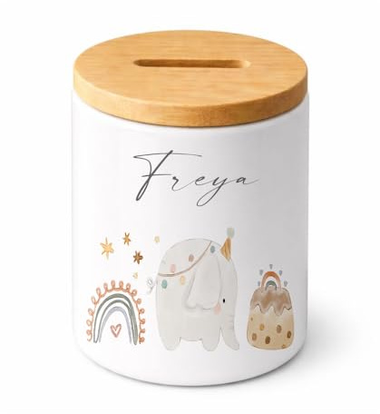 Manufaktur Liebevoll | Personalisierte Spardose für Kinder mit Namen Keramik Spardose mit Bambusdeckel Kinder Spardose personalisiert Geschenk zur Geburt, Taufe & Geburtstag (Elefant)