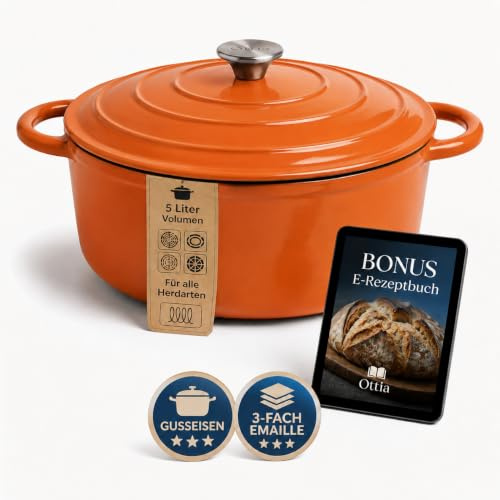 Ottia Gusseisen Topf [inkl. eBook] – Emaille Topf 26cm - Dutch Oven, Brotbackform, Brotbacktopf, Schmortopf Bräter mit Deckel, Bratentopf - auch für Induktion | Händler aus HH, Orange