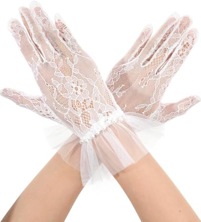 KAHZOR Weiße Spitzenhandschuhe Damen Kurz mit Perlen für Hochzeit & Party Elegant – Ideal als Brauthandschuhe, Abendhandschuhe oder Kostüm Accessoire. Verleiht jedem Anlass eine glamouröse Note.