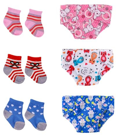 6 Stück Süßes Puppenwindeln für Baby Puppen 14-17 Zoll 3 Puppenwindeln 3 Puppensocken für BabyPuppen 35-43 cm, Wiederverwendbar Puppenzubehör 14-17 Puppen, 3 Verschiedene Muster Stile Geschenke