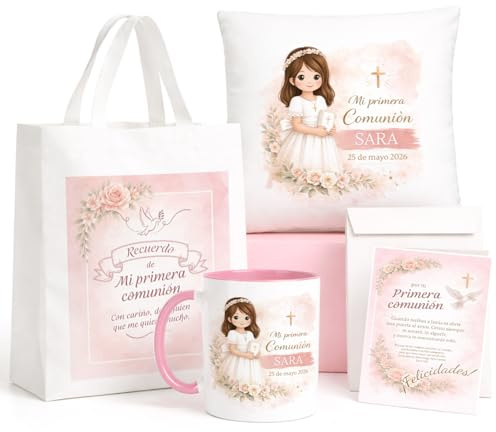 Kembilove® Pack Primera Comunión Niña Personalizado con Nombre y Fecha – Bolsa, Taza, Cojín y Tarjeta – Regalo Original y Decorativo – Recuerdo Emotivo para Niña