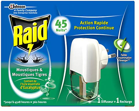 Raid Diffuseur Électrique Liquide, 1 Recharge, Moustiques et Moustiques Tigres, Huiles Essentielles d'Eucalyptus, 45 Nuits, Insecticide