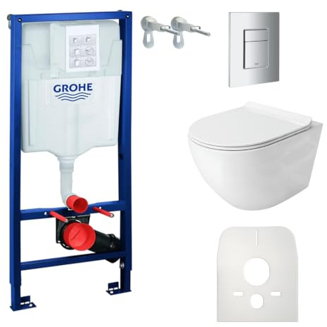 LAVITA Vorwandelement Solido + Wand Hänge WC Giant Weiß Spülrandlos + WC Sitz mit Absenkautomatik Glänzend Weiß Knopf Komplettset Unterputz Spülkasten Toilette Komplett Sett WC