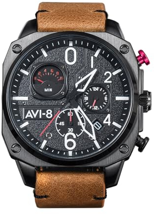 AVI-8 Herren 45mm Hawker Hunter Retrograde Chronograph Charcoal Ember Brown Japanische Quarz-Fliegeruhr mit Lederarmband AV-4052-02