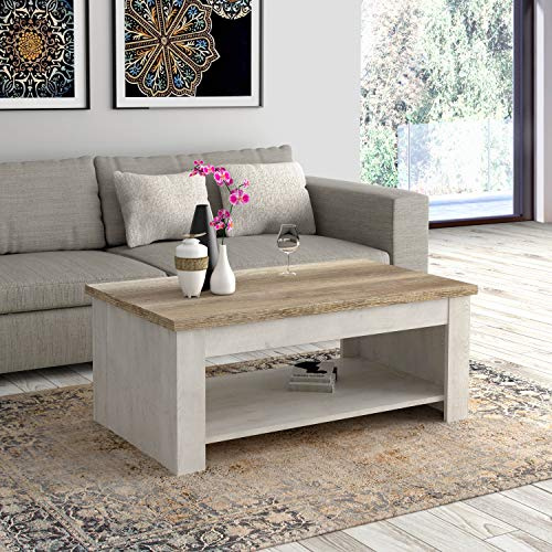 FORTE Duro Couchtisch, Holzwerkstoff, Pnie Weiß /Antikeiche, 110 x 44,4 (max 66,3) x 65 (max 94,1) cm