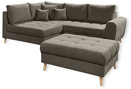 ALICE Ecksofa mit Hocker, Stoffbezug Schlamm - Moderne Eckcouch mit Kissen & Massivholz Füßen - 249 x 94 x 175 cm (B/H/T)