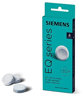 Siemens Reinigungstabletten TZ80001A, 10 Stück, Kaffeeöl-Rückstände ideal entfernen, optimiert für das Reinigungsprogramm von Kaffeevollautomaten der Reihen EQ, surpresso und Einbauvollautomaten