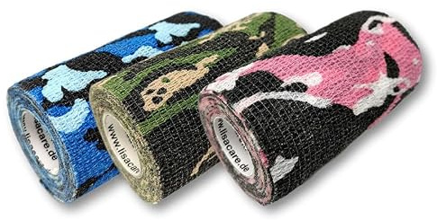 LisaCare - Three Fixation Bandages in Camouflage Green Red Blue - 10cmx4,5m per roll - Cohesive, self-Adhesive Bandage - Elastic, Water-Repellent, Fat Resistant