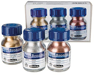 Schmincke - Aqua-Bronze Set, blekguld, silver, koppar, 3 x 20 ml, 15 700 097, glänsande metalleffekter på gouache- och akvarellbilder, papper, kartong, målarkartong, duk