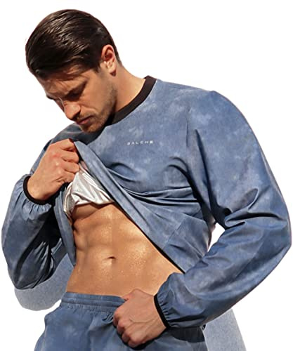 Traje de sauna para hombres pérdida de peso sauna sudaderas conjunto de pantalones gimnasio entrenamiento traje de sudor ropa de boxeo, Azul / Patchwork, Large