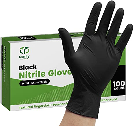 [100 Count] Black Nitrile Disposable Gloves 6 Mil. Extra Strength Latex & Powder Free, Chemical Resistance, Textured Fingertips Gloves - Medium