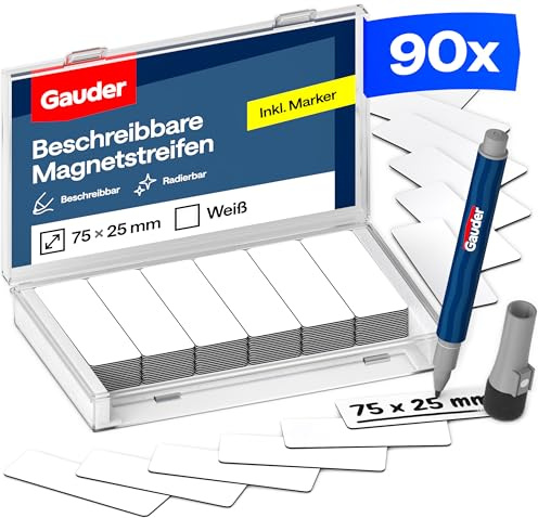 GAUDER Magnetstreifen beschreibbar, Magnetschilder Kanban (90 Stk, 75x25mm) | Magnetschilder zum Beschriften, beschreibbare Magnete zum Beschriften, Magnetetiketten für Kanban Board, mit Marker
