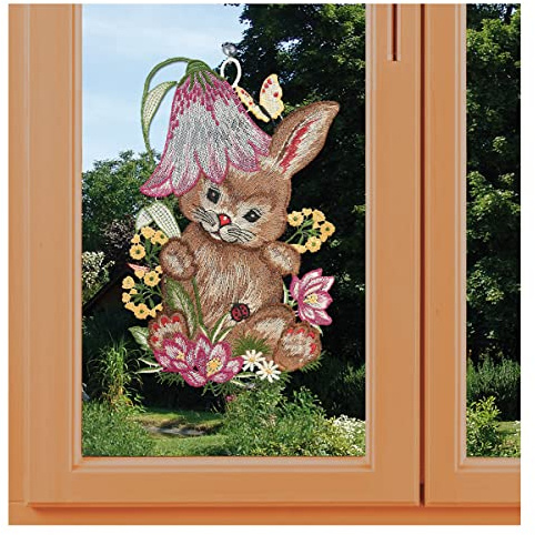 Fensterbild Osterhase mit Glockenblume Vogtländische Spitze | Frühlingsmotiv mit Osterhase, Blumen und Marienkäfer | Spitzenbild Frühling Ostern | Geschenk-Idee Anhänger Höhe x Breite 31 x 20 cm