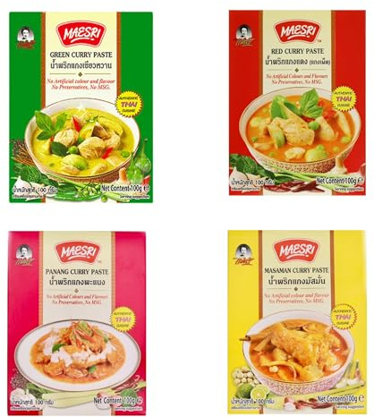 Assorted Authentic Thai Curry Paste Sauce Set – 4 x 100g Packs (Red, Green, Massaman & Panang) | Authentic Thai Cooking Paste | Product of Thailand