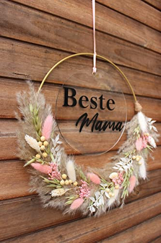 Trockenblumenkranz Wandkranz Türkranz Boho Kranz Trockenblumenkranz personalisiert Hochzeit Geschenk Flower Loop (Schwarz) (Pampasgras)