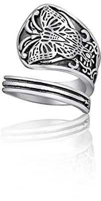 Cawsug Spoon Rings for Women Vintage Silver Boho Statement Dragonfly Adjustable Spoon Ring Thumb Jewelry, Cupronickel and Brass, No Gemstone