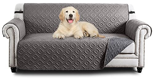 Hafaa Sofa Cover 3 Seater Water Resistant Slipcovers Light Grey/Dark Grey Non Slip Reversible Sofa Covers with Elastic Strap - Washable Sofa Protectors from Pets/Kids/Dogs