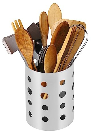 Tomotato Küchenutensilienhalter Edelstahl, Silber Kochutensilienhalter, Runder Besteckkorb aus Edelstahl, Arbeitsplatten Organizer für Gabeln, Löffel, Messer, Küchenutensilien(5.1in)