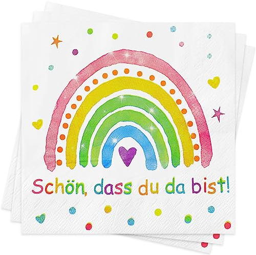 Servietten Regenbogen Schön Dass Du Da Bist, 80Stück Servietten für Kindergeburtstag, Babypartys,Taufe, Konfirmation Kommunion Tischdeko, Regenbogen Party für Junge und Mädchen