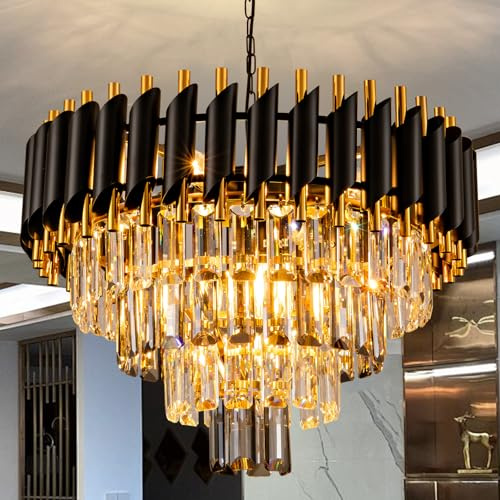 Aixialin 7-Light Modern Crystal Chandelier 20 Dining Room Light Fixtures 4 Tiers Flush Mount Smoke Grey and Gold Chandelier Round Chandeliers for Dining Room Living Room Kitchen Entryway Foyer