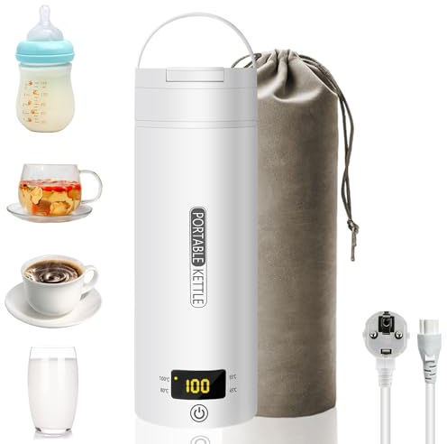Hervidor de agua eléctrico pequeño para viajes, 500 ml/300 W, portátil, minitaza de acero inoxidable 316, apagado automático, tapa reversible para té, café, leche para bebés, tapa abatible(Blanco)