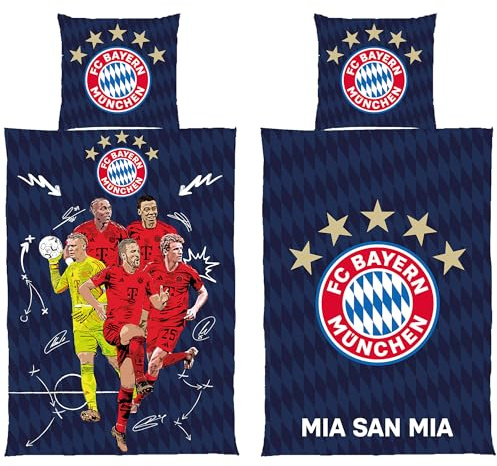 FC Bayern München Parure de lit réversible 135 x 200 cm + 80 x 80 cm 100 % coton linon Football FCB Maître des records allemands Mia san Mia Football Alliance Arena Taille allemande avec fermeture
