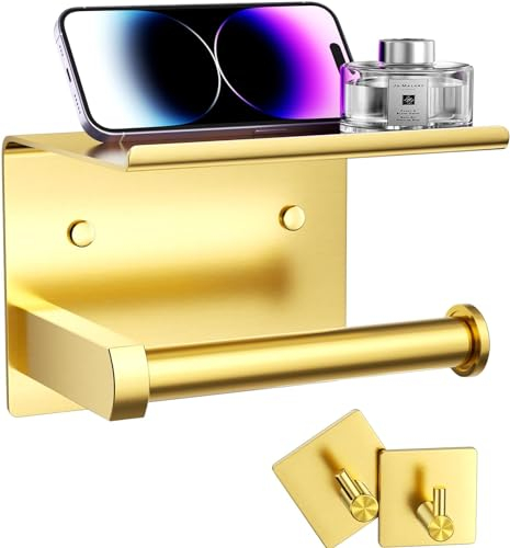 Tindbea Porte Papier Toilette Mural avec Tablette + Crochets pour Serviettes et Peignoirs, Porte-Rouleaux de Papier Hygiénique en Acier Inoxydable à Fixer au Mur par Adhésif ou par Vis (Or Brossé)