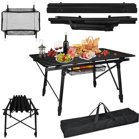 LILIIN Campingtisch Klappbarer aus Aluminium Höhenverstellbar Klapptisch Camping mit Tragetasche und Aufrollbare Tischplatte Outdoor Tragbar Arbeitstisch für Garten Balkon bis 30 kg, Schwarz