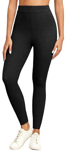 Famulily Black Slim Fit Leggings for Women Rib Knit High Waist Stretchy Tights Trousers (M, Black)