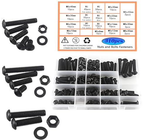 HVDHYY Boulons et Écrous Jeu de en Acier au Carbone M5 M6 M8 Vis Mécaniques Noires Vis Écrous et Rondelles Assortiment Kit Tête Ronde avec Boîte de Rangement Livré Avec 3 Clés 310pcs