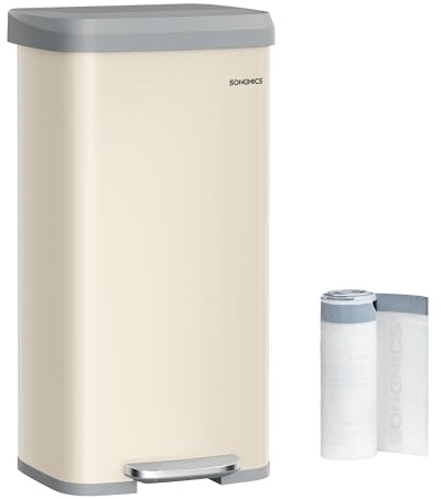 SONGMICS Poubelle de cuisine en acier inoxydable, 58 litres, avec couvercle qui reste ouvert et pédale de marche, fermeture douce, haute, grande et peu encombrante, beige sable et gris tourterelle