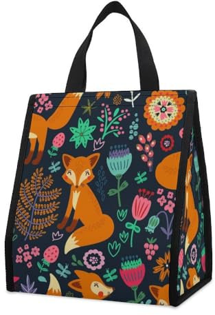 Cmagnifico Große, faltbare, wasserdichte, isolierte Lunchtasche, süßes Fuchs-Blumenmuster, Lunchtasche für Arbeit, Picknick, Reisen