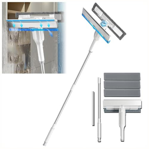 RYJYQYX 4 in 1 Spruzzo Lavavetri con Raccoglitore Acque Nere E 3 Panni, Spolverino Telescopico con Asta di Prolunga Lavavetri Telescopico per Cabina Doccia con Finestrino