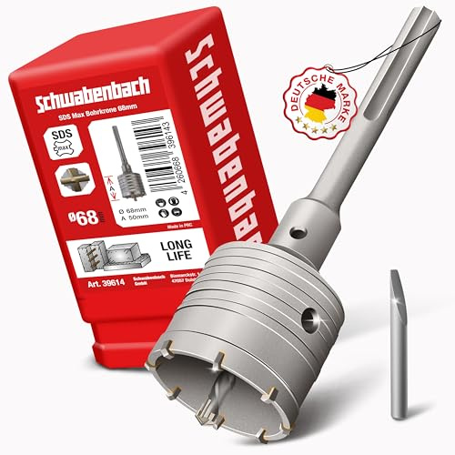 SCHWABENBACH® SDS MAX Bohrkrone 68 mm - Zentrierbohrer - Hammerschlagfest - Bohrkrone Steckdose für Mauerwerk und Beton 68mm