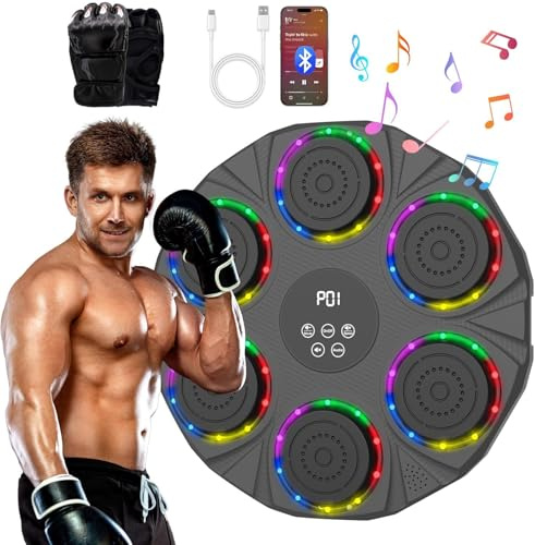 LeuKoles 2025 ny musikboxningsmaskin med Bluetooth, LED-ljusboxningsmaskin med musik med boxhandskar, elektronisk boxningsmaskin för väggmontering med 9 hastighetslägen och räkningsläge