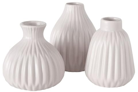 Handgearbeitete Steingut Blumenvasen im 3er-Set – Greige, matt | Wasserdichte Tischdekoration für Blumen & Gräser – moderne Riffeloptik für Esszimmer, Wohnzimmer, Hochzeiten – Seaside No.64