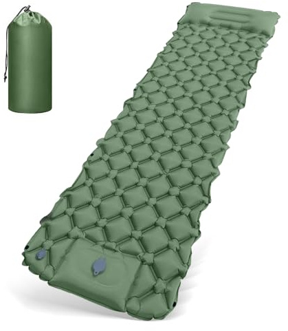 HyAdierTech Materassino da Campeggio, Materasso Gonfiabile Singolo Ultraleggero, Portatile Materassino Campeggio Autogonfiante con Cuscino Pompa a Pedale per Campeggio Spiaggia Escursionismo (Verde)
