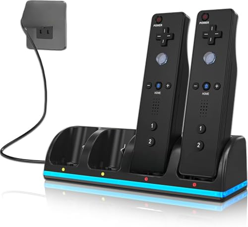 Estación de carga 4 en 1 para mando a distancia Wii y Wii U, cargador con 4 paquetes de baterías recargables, estación de carga de 4 puertos + 4 baterías de repuesto de 2800 mAh + cable USB, control
