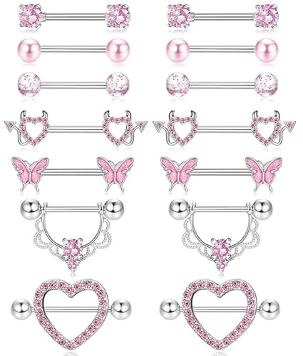 TYXHXTF 7 Piezas Barbell Piercing Pezón Acero Inoxidable, Piercing Oreja Acero Piercing para Mujer（Rosa）