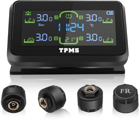 Avutrel TPMS Reifendruckkontrollsystem,mit Abnehmbarer Halterung, Solar/USB-Aufladung, 5 Alarmsystem, 4 Externen Reifendrucksensor, für LKW, Wohnmobil, Anhänger, Auto(87psi, 6bar)