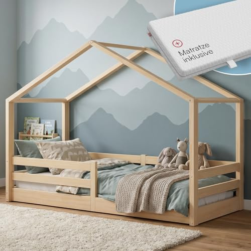 Bellabino Abia Hausbett 90x200 cm, Natur, Matratze, aus Kiefer Massivholz | Montessori Kinderbett mit Rausfallschutz & Lattenrost, für Jungen & Mädchen, Holzbett, Kinderbettgestell, Kinderzimmermöbel