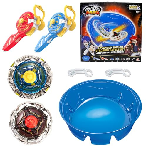 INFINITY NADO Peonzas con Arena para Niños de Juguete de Metal, Peonzas con 2 lanzadores magnéticos Ares' Wings vs Fiery Dragon, Juguete para niñas 5 6 7 8 9 10 11 12 Años, Red Green