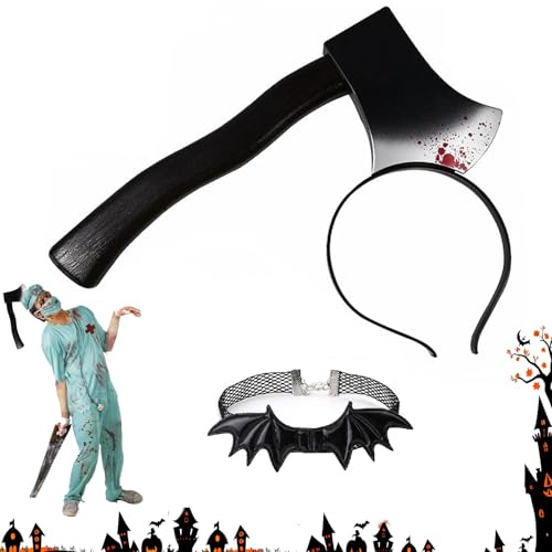Bavooty Halloween Messer im Kopf,Halloween Stirnband-Set mit Halsketten,Halloween Accessoires,Blutflecken Deko Kopfschmuck für Horror-Kostüm, Karneval, Gruselparty